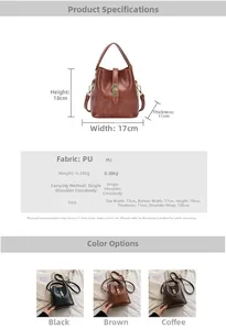 Tableau de dimensions détaillé et options multicolores pour le sac seau rétro avec sangle