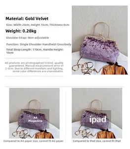 Detail view of purple velvet evening bag showing 23x15x8cm size and metal butterfly detail