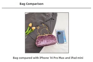 Size comparison of purple velvet clutch with iPhone 14 Pro Max and iPad mini