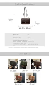 Size chart showing height 14cm and width 20cm of a trendy PU chain crossbody bag