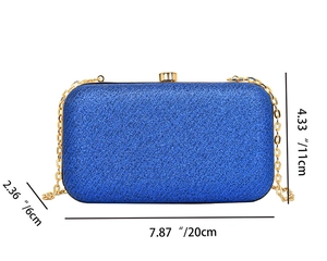 Blue sequin evening bag featuring dimensions 20x11x6cm and a gold chain strap