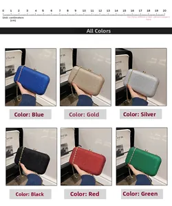 Six colors of sequined evening clutch bags shown with a 20cm scale for size reference