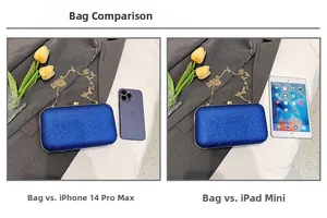 Royal blue sequin clutch size comparison with smartphone and tablet devices