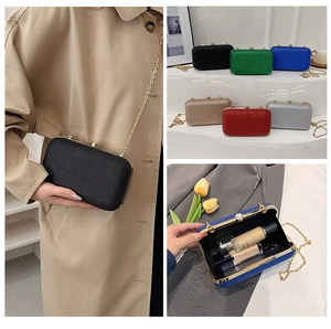 Detailed views of glitter evening clutch bags in multiple colors with gold chain straps