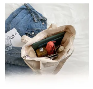Internal view of beige canvas tote bag showing large capacity for tablet and daily items