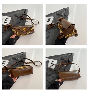 Detail views of brown faux leather mini bag with gold twist lock and chunky chain strap