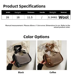 Detailed size chart and color options for houndstooth wool shoulder bag with dimensions