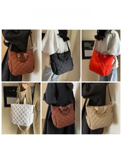 Multiple views showing various colors of the quilted down fabric tote bag with straps
