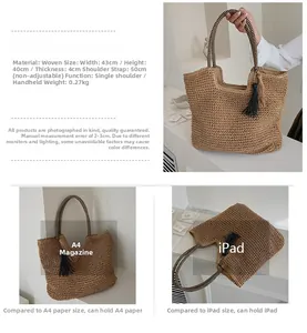 Detail view of woven straw tote bag with black tassel charm and dimensions specification