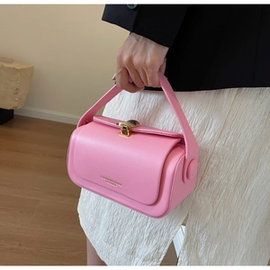 Gros plan du sac boîte en cuir rose avec fermoir coquille doré tenu par un mannequin