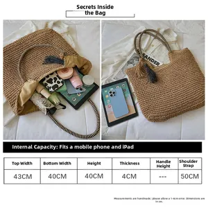 Detailed size chart and large capacity guide for woven tote bag showing dimensions