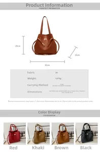 Detailed size specifications and color comparison of retro drawstring PU tote handbag