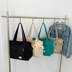 Large Capacity Canvas Tote Bag Multi-Pocket Shoulder Handbag For Women Casual Solid Color Good Luck Patch