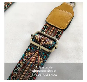 Macro detail of bohemian geometric woven shoulder strap with adjustable metal buckle