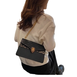 Classic black crossbody chain bag with embossed gold lion head and exotic textures