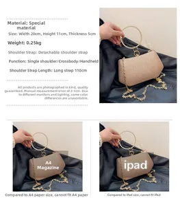 Pochette de soirée champagne pailletée avec poignée ronde en métal et chaîne de 110cm