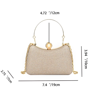 Detailed size specifications for a gold glitter evening bag with pearl clasp and chain