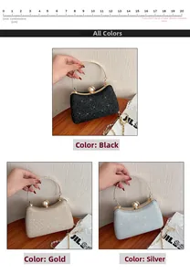Detail of glitter evening clutch bags with round metal handles in black gold and silver