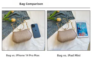 Comparaison de taille de la pochette de soirée à paillettes avec iPhone 14 Pro Max et iPad