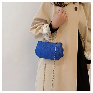 Détail du sac de soirée bleu pailleté avec poignée ronde dorée et fine bandoulière