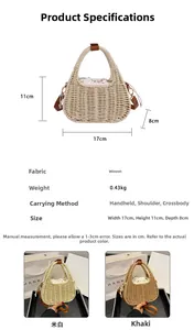 Detailed size specifications for woven straw handbag with dimensions and color options