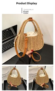 Detail of straw woven crossbody bag with brown leather handles and drawstring interior