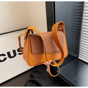 Retro orange square shoulder bag for women with wide strap and fashion textured flap