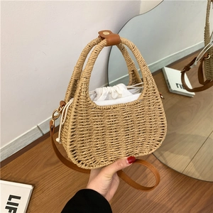 French retro straw handbag with leather handles and drawstring inner bag for summer travel