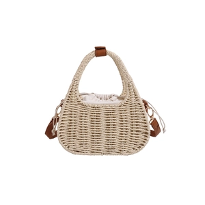 French retro straw handbag with brown leather handles and interior drawstring pouch