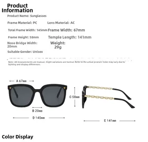Spécifications détaillées des dimensions pour lunettes de soleil carrées oversize en PC
