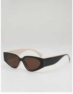 Détail des lunettes de soleil œil de chat avec monture contrastée noire et beige chic