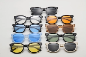 Detailed grid of colorful ocean-tinted square sunglasses with retro frames for styling