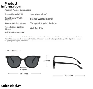 Detailed sizing chart and dimensions for unisex square frame sunglasses with PC frame