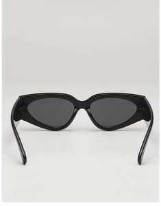 Vue arrière détaillée de lunettes de soleil œil-de-chat noires avec branches larges