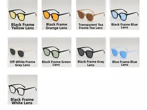 Grid display of nine colorful retro square sunglasses featuring various frames and ocean lenses