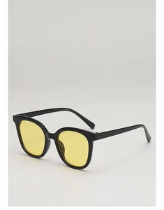 Macro detail of glossy black square sunglasses frames with vibrant yellow ocean lenses