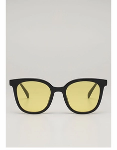 Front view of retro square sunglasses with thick black frames and yellow transparent lenses