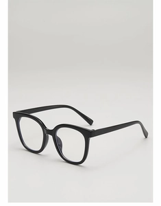 Detail view of glossy black square retro frames with smooth ergonomic temple arms