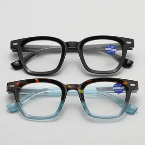 Detail of stylish anti-blue light reading glasses in black and tortoiseshell finishes