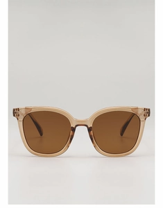 Detail of transparent champagne resin frame sunglasses with dark brown lenses