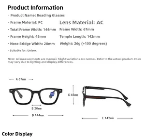Detailed size chart for stylish anti-blue light reading glasses with precise frame dimensions