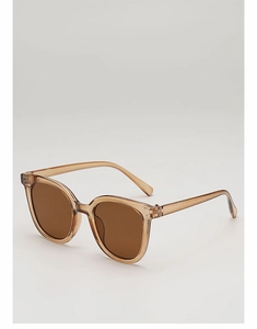 Detail of transparent amber brown square frame sunglasses with retro tinted lenses