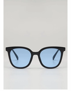 Front view of black square frame sunglasses with light blue lenses on grey background