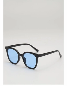 Detail view of square frame sunglasses with light blue lenses and glossy black finish