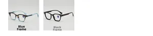 Detail view of stylish reading glasses in tortoiseshell blue and classic black frames