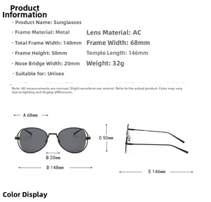 Detailed size chart for retro metal sunglasses showing lens width and frame measurements