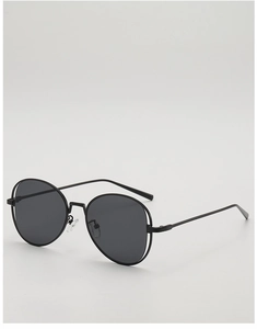 Detail shot of vintage round metal frame sunglasses with sleek dark lenses