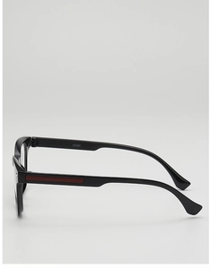 Detail of TR872 black resin glasses frame with red-brown decorative temple inserts