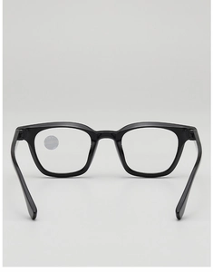 Front view of black square reading glasses with anti-blue light resin lenses on grey background