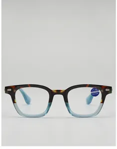 Detail of two-tone tortoise and blue reading glasses with +1.00 anti-blue light lens